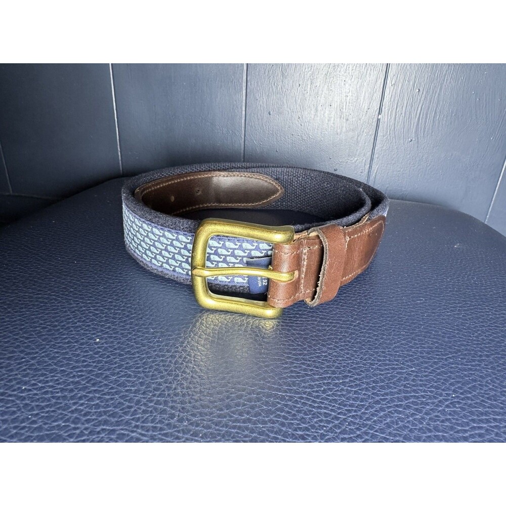 Vineyard Vines Whale Canvas Belt Blue Leather Trim Brass Buckle Men’s Size 32